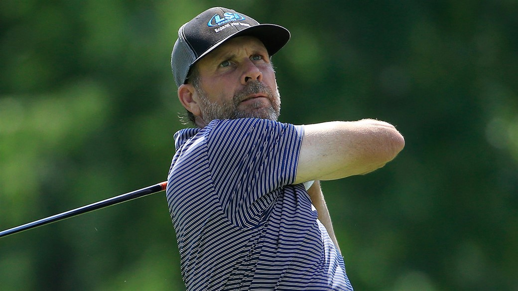 Doug Barron watches his Titleist Pro V1 golf ball fly down the fairway during action at the 2019 Dick's Sporting Goods Open